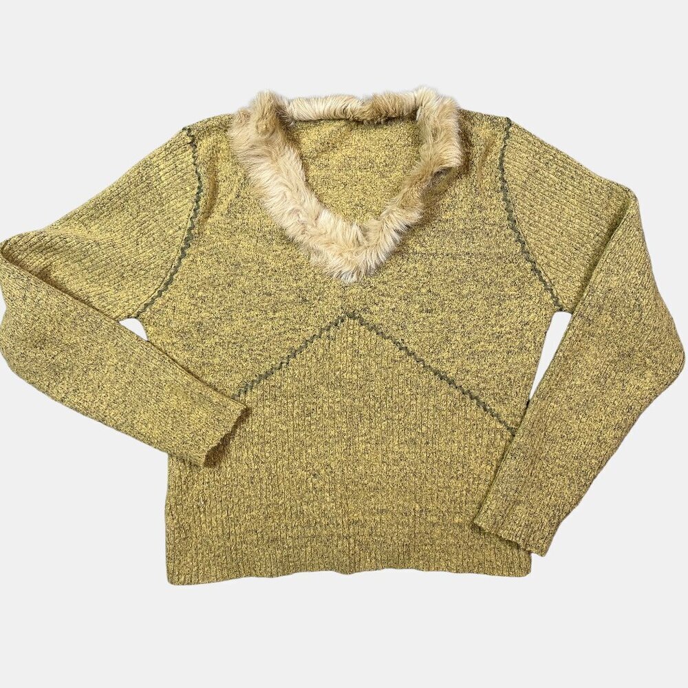 Vintage Real Fur Unbranded Yellow V-Neck 90s / Y2K Sweater Women's Medium Small